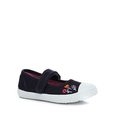 Girls' navy embroidered flower Mary Jane shoes